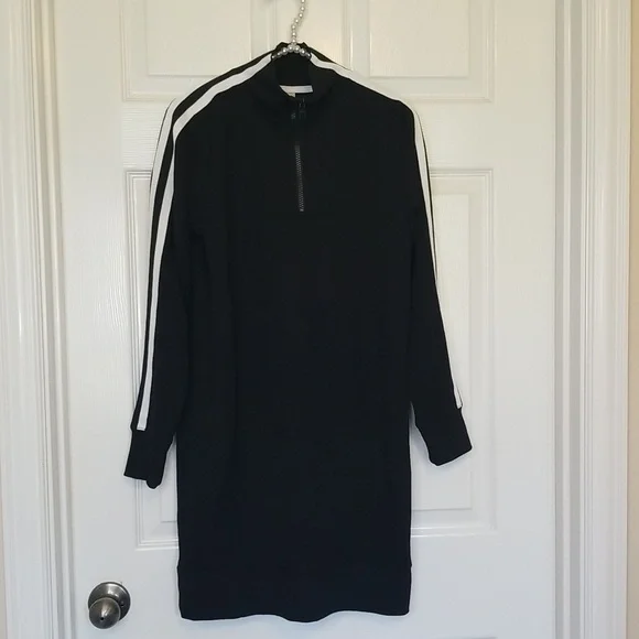 Athleta Circa Black With White Stripes Longsleeve Mini Track Dress - Picture 3 of 15